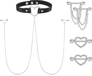 JFORYOU Nipple Ring with Choker Necklaces Stainless Steel Nipple Rings Chain Heart Cat Head Punk Chokers for Women Nipple Barbell Piercing Jewelry