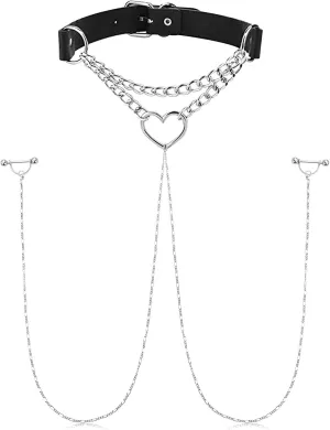 JFORYOU Nipple Ring with Choker Necklaces Stainless Steel Nipple Rings Chain Heart Cat Head Punk Chokers for Women Nipple Barbell Piercing Jewelry