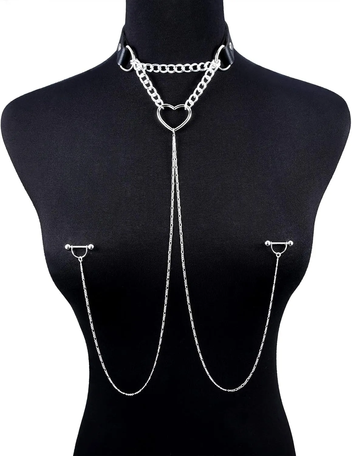 JFORYOU Nipple Ring with Choker Necklaces Stainless Steel Nipple Rings Chain Heart Cat Head Punk Chokers for Women Nipple Barbell Piercing Jewelry