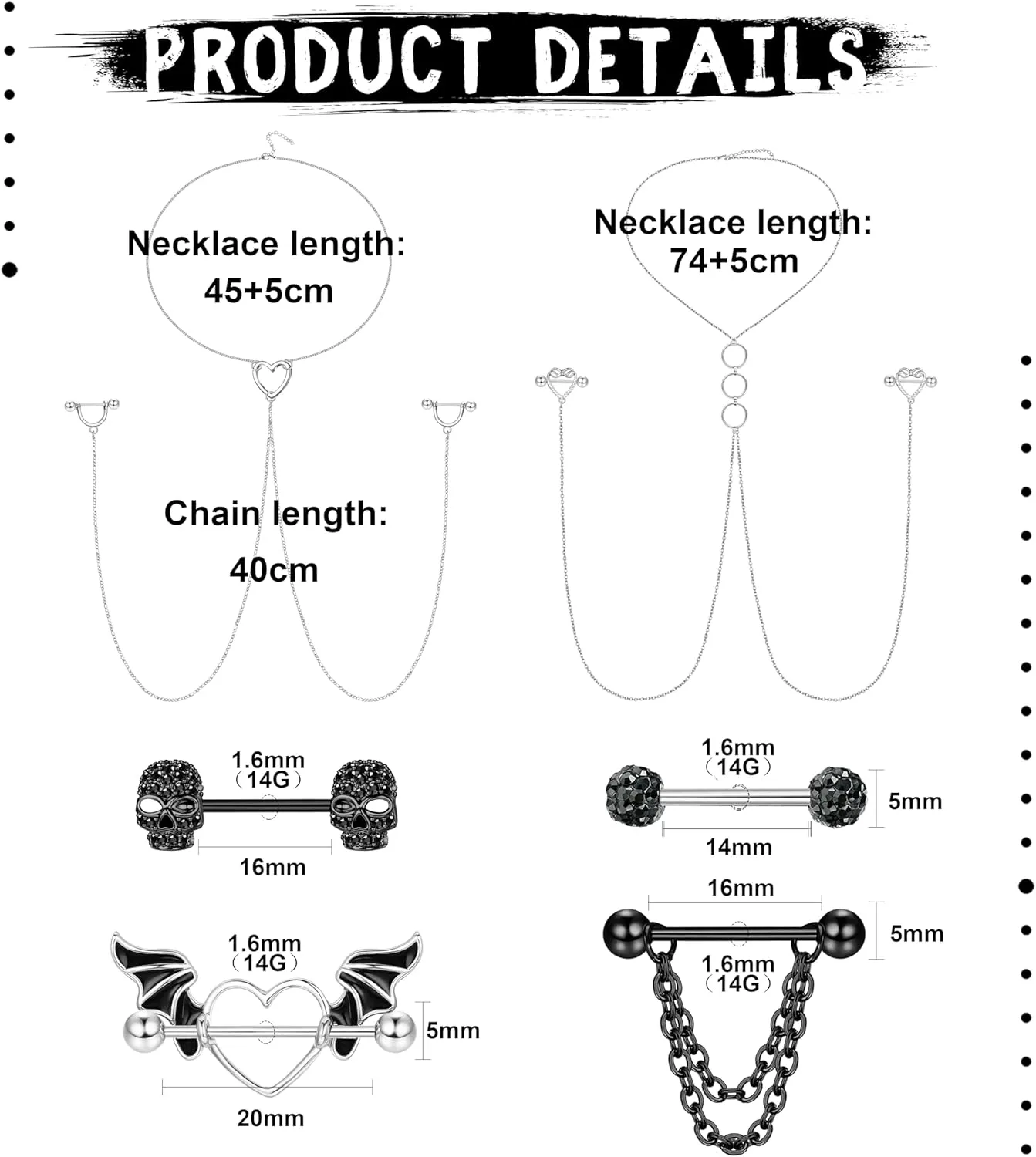 JOERICA 14G Stainless Steel Nipple Rings for Women CZ Butterfly Heart Nipple Rings with Choker Necklace Nipple Barbell Body Piercing Jewelry