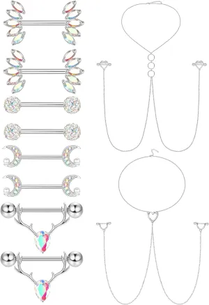JOERICA 14G Stainless Steel Nipple Rings for Women CZ Butterfly Heart Nipple Rings with Choker Necklace Nipple Barbell Body Piercing Jewelry