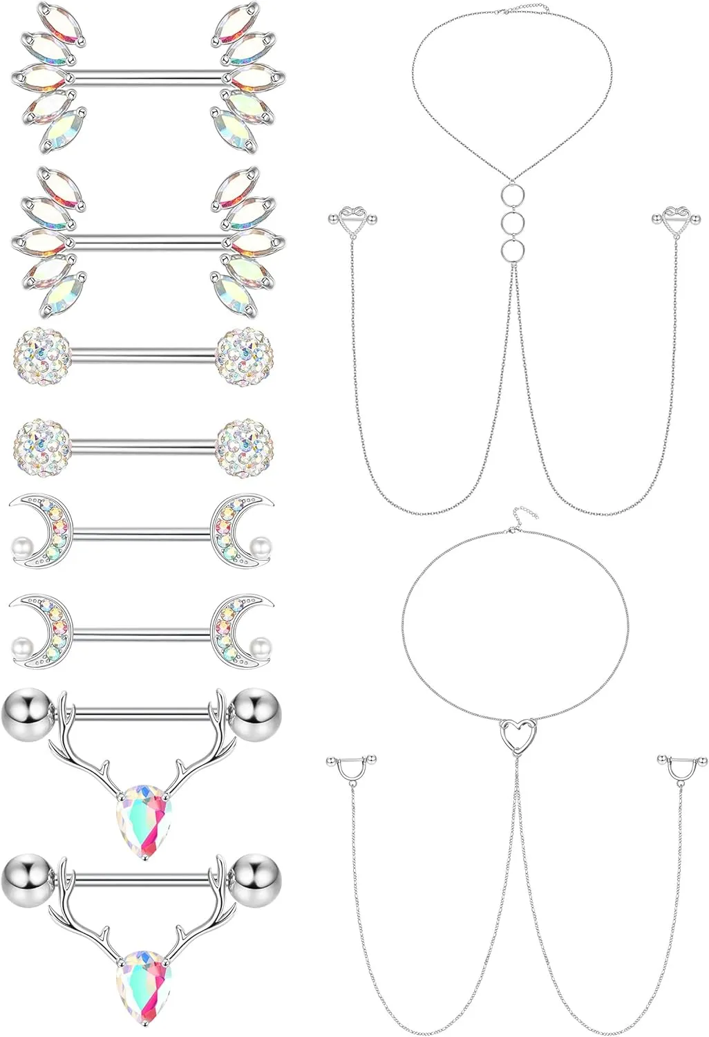 JOERICA 14G Stainless Steel Nipple Rings for Women CZ Butterfly Heart Nipple Rings with Choker Necklace Nipple Barbell Body Piercing Jewelry