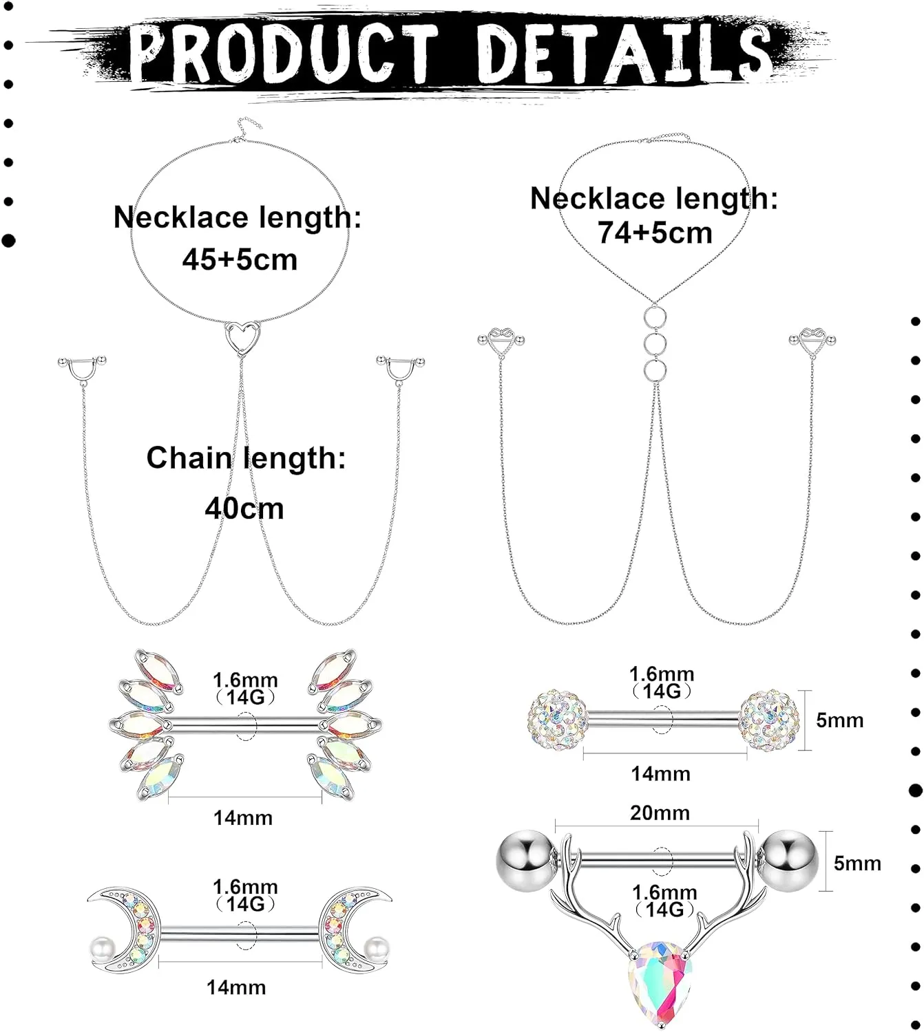 JOERICA 14G Stainless Steel Nipple Rings for Women CZ Butterfly Heart Nipple Rings with Choker Necklace Nipple Barbell Body Piercing Jewelry
