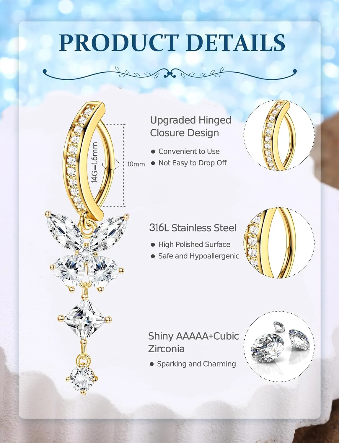 JOERICA 6 Pcs 14G Clicker Belly Button Ring for Women 316L Surgical Steel Butterfly Snake Evil Eye Heart CZ Opal Dangle Belly Button Rings Simple Reverse Navel Rings Body Belly Piercing Jewelry