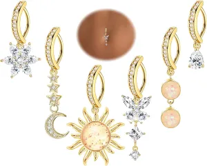 JOERICA 6 Pcs 14G Clicker Belly Button Ring for Women 316L Surgical Steel Butterfly Snake Evil Eye Heart CZ Opal Dangle Belly Button Rings Simple Reverse Navel Rings Body Belly Piercing Jewelry