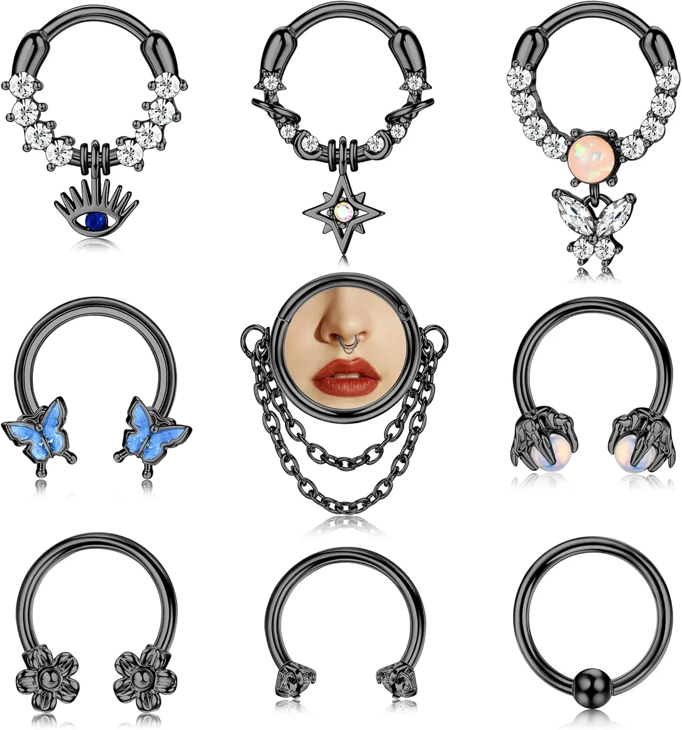 JOERICA 9pc 16G Septum Rings - Small, Dangle & Hoops with Cute, Evil Eye, Butterfly & Flower Designs - Surgical Steel Septum Piercing Jewelry