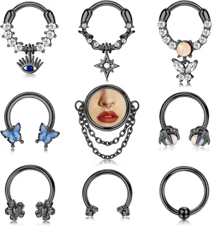 JOERICA 9pc 16G Septum Rings - Small, Dangle & Hoops with Cute, Evil Eye, Butterfly & Flower Designs - Surgical Steel Septum Piercing Jewelry