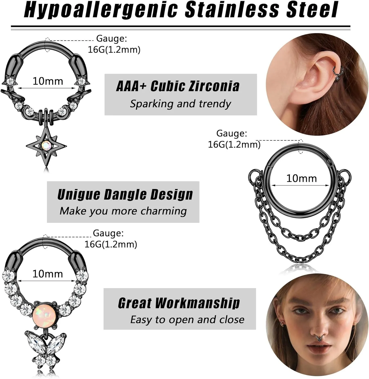 JOERICA 9pc 16G Septum Rings - Small, Dangle & Hoops with Cute, Evil Eye, Butterfly & Flower Designs - Surgical Steel Septum Piercing Jewelry