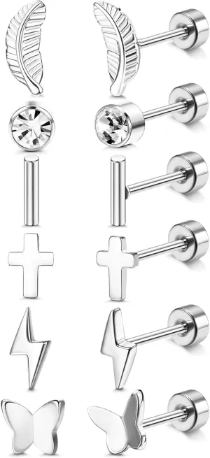 JOERICA Titanium Earrings for Sensitive Ears G23 Pure Titanium Stud Earrings for Women Butterfly Moon Star Opal Cubic Zirconia Hypoallergenic Titanium Cartilage Earrings 20G Flat Back Earrings
