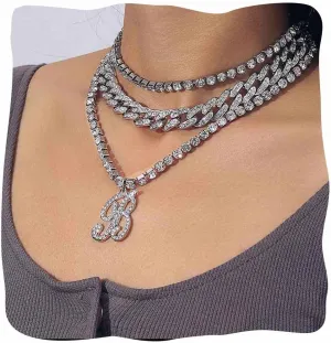 JONKY Layered Rhinestone Choker Necklace Silver Cuban Link Chain Chunky Letter Pendant Necklaces Sparkly Tennis Chain Neck Jewerly for Women