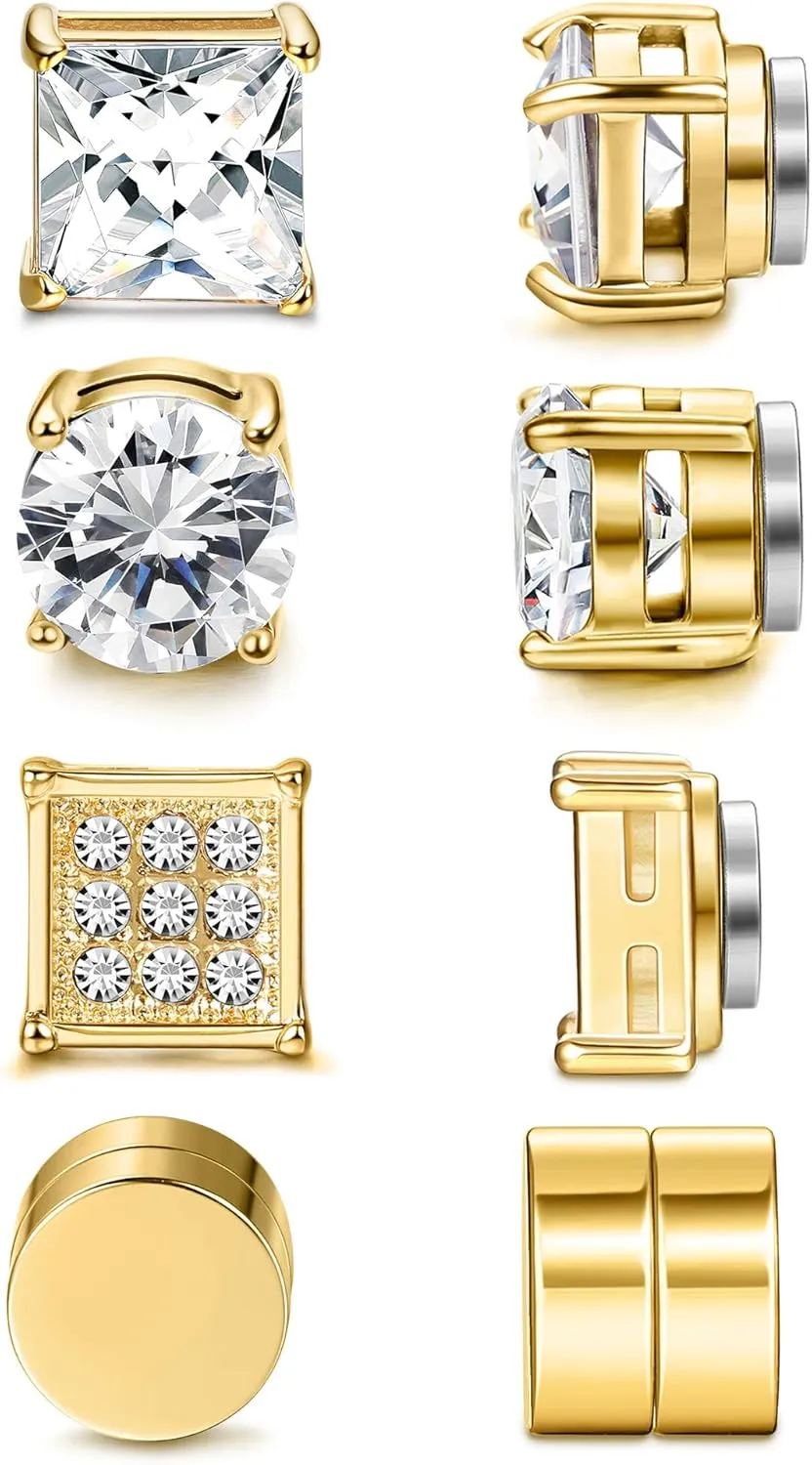 Jstyle 4 Pairs Stainless Steel Magnetic Stud Earrings for Men Women Gold CZ Non-Piercing Clip On Stud Earrings Set 6-8MM