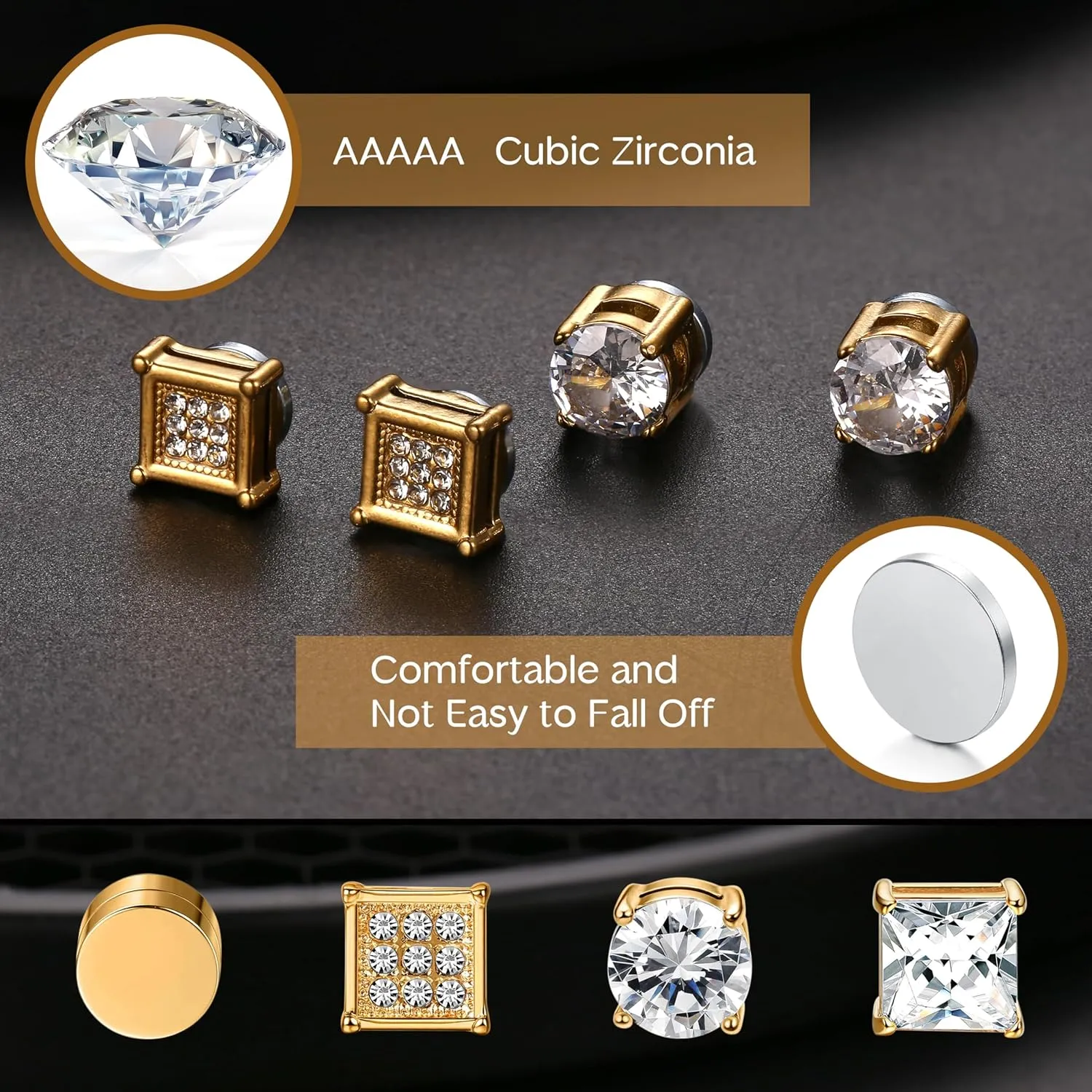 Jstyle 4 Pairs Stainless Steel Magnetic Stud Earrings for Men Women Gold CZ Non-Piercing Clip On Stud Earrings Set 6-8MM