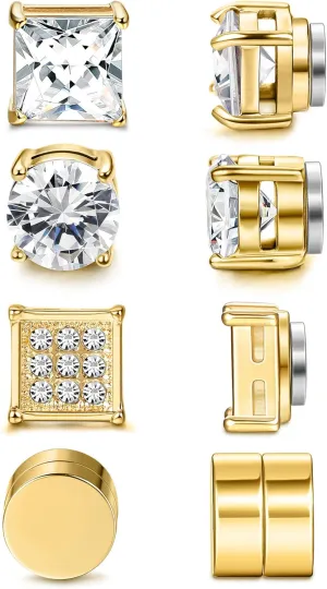 Jstyle 4 Pairs Stainless Steel Magnetic Stud Earrings for Men Women Gold CZ Non-Piercing Clip On Stud Earrings Set 6-8MM