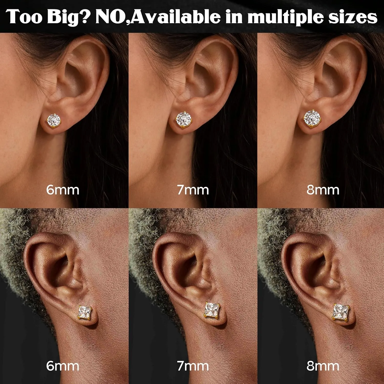 Jstyle 4 Pairs Stainless Steel Magnetic Stud Earrings for Men Women Gold CZ Non-Piercing Clip On Stud Earrings Set 6-8MM