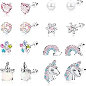Jstyle 8 Pairs Hypoallergenic Screw Back Earrings for Girls Women 316L Stainless Steel Tiny CZ Pearl Heart Flower Butterfly Unicorn Screwback Earrings Studs Set Multicolored