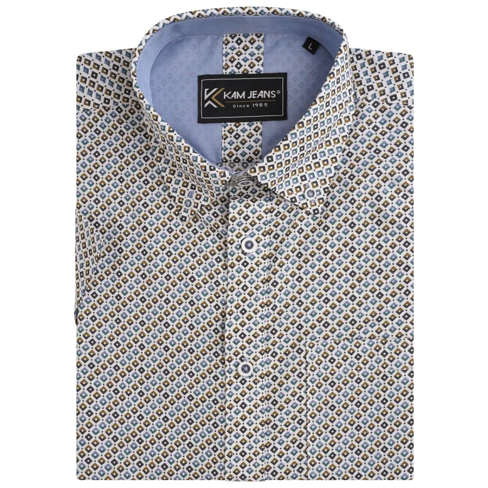 KAM All Over Geo Print Short Sleeve Shirt for Mens KBS6281 in White, 2XL-8XL
