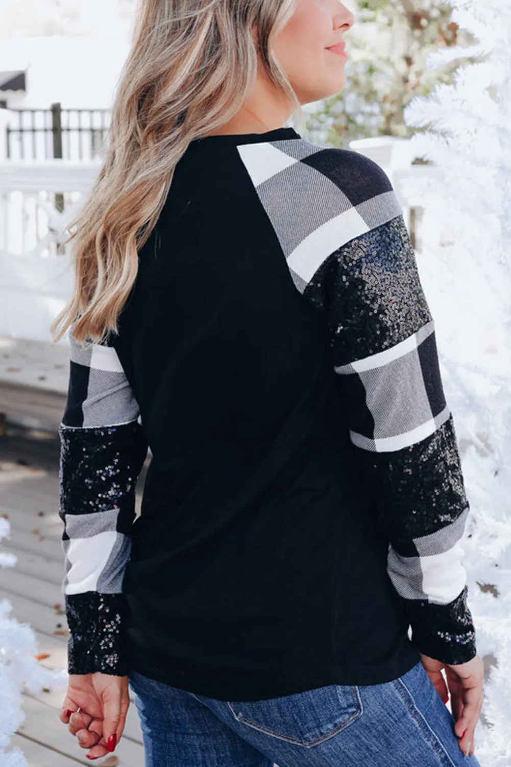 Kayla Sequin Plaid Patchwork Raglan Sleeve Top