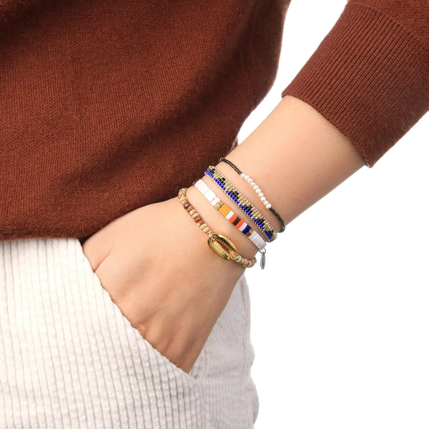 KELITCH Women Pearls Bracelets Handmade Friendship Charm Bracelet Boho Thin Strand Bracelets