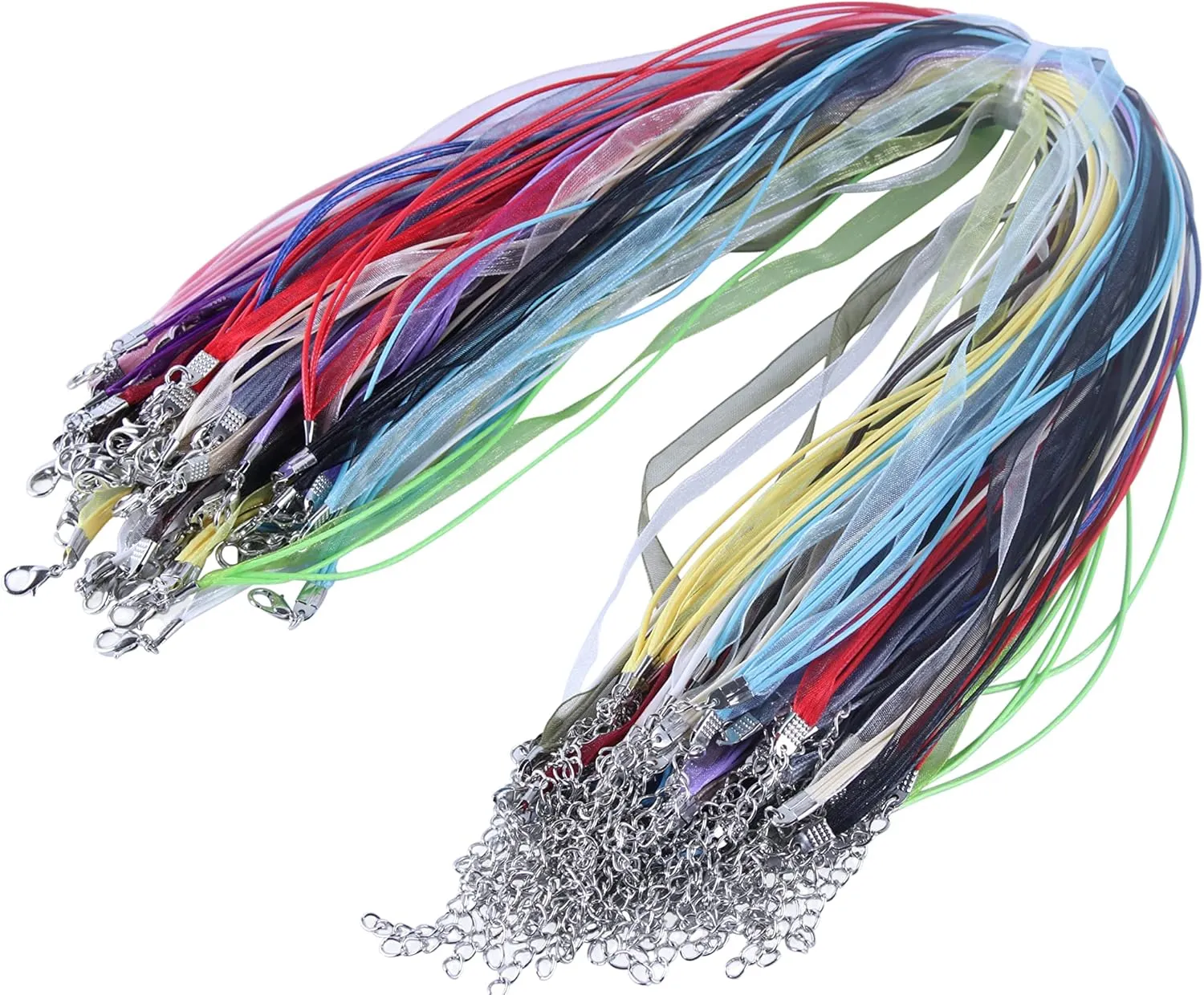 KONMAY Necklace Cord with Clasps for Pendant, 50pcs Mixed 17'' Layered Multi-Strands Voile Organza Ribbon Necklace Cord for Jewelry Making