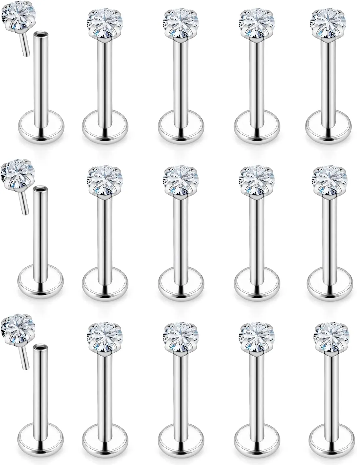 Kridzisw 20G 18G Threadless Push in Nose Rings Studs Stainless Steel Nose Nostril Piercing Jewelry for Women Men CZ Inlaid 1.5MM 2MM 2.5MM 3MM 15Pcs-16Pcs