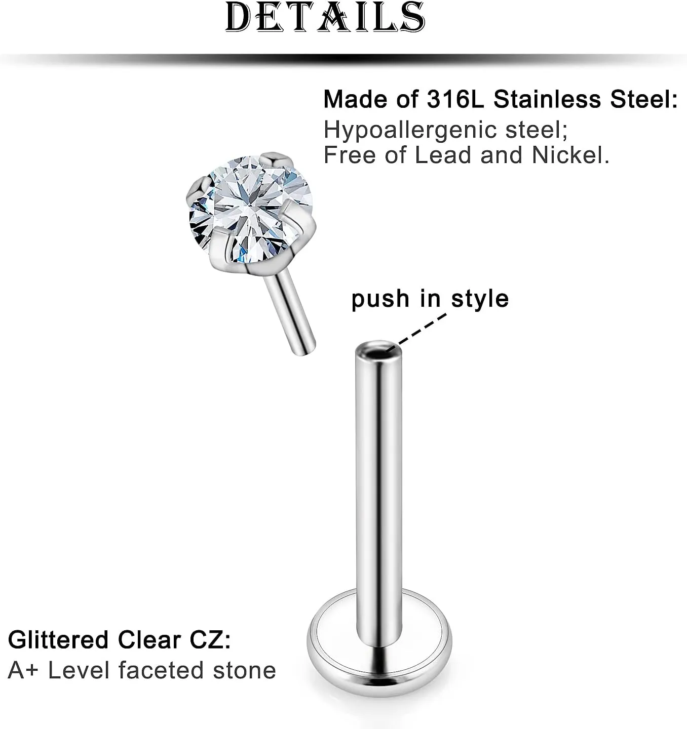 Kridzisw 20G 18G Threadless Push in Nose Rings Studs Stainless Steel Nose Nostril Piercing Jewelry for Women Men CZ Inlaid 1.5MM 2MM 2.5MM 3MM 15Pcs-16Pcs