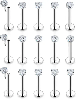 Kridzisw 20G 18G Threadless Push in Nose Rings Studs Stainless Steel Nose Nostril Piercing Jewelry for Women Men CZ Inlaid 1.5MM 2MM 2.5MM 3MM 15Pcs-16Pcs