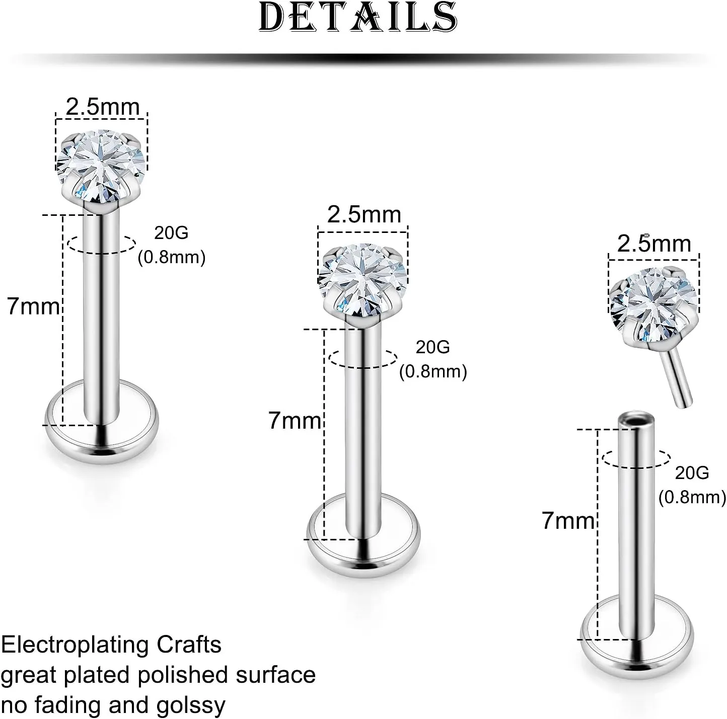 Kridzisw 20G 18G Threadless Push in Nose Rings Studs Stainless Steel Nose Nostril Piercing Jewelry for Women Men CZ Inlaid 1.5MM 2MM 2.5MM 3MM 15Pcs-16Pcs