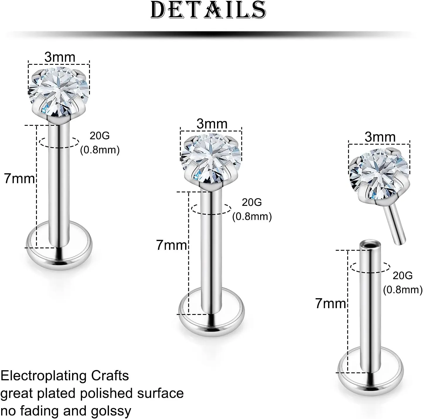 Kridzisw 20G 18G Threadless Push in Nose Rings Studs Stainless Steel Nose Nostril Piercing Jewelry for Women Men CZ Inlaid 1.5MM 2MM 2.5MM 3MM 15Pcs-16Pcs