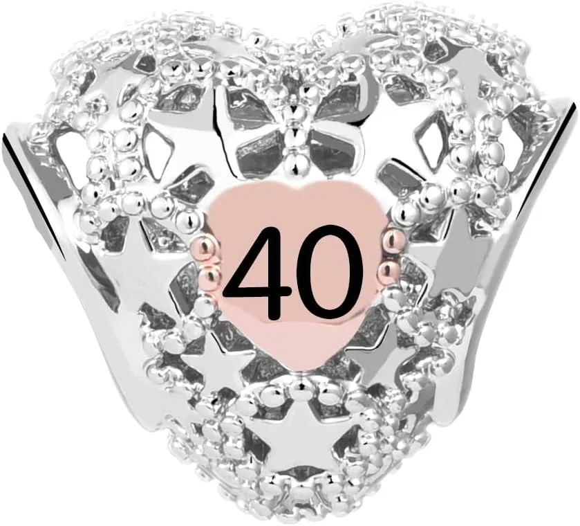 KunBead 12 13 16 18 21 30 40 50 60 70 Birthday Rose Gold Tone Heart Star Love Bead Charms Compatible with Pandora Charm Bracelets Jewelry for Women