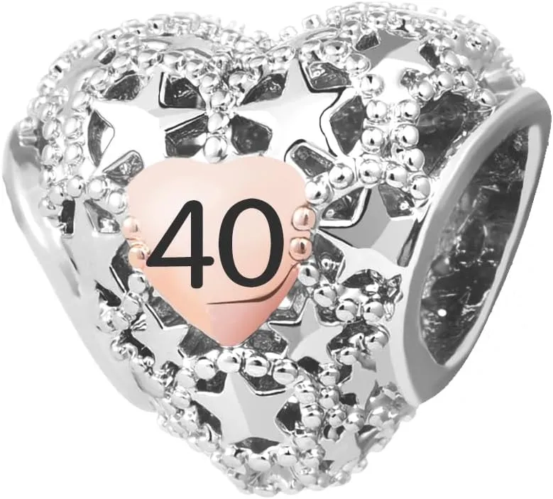 KunBead 12 13 16 18 21 30 40 50 60 70 Birthday Rose Gold Tone Heart Star Love Bead Charms Compatible with Pandora Charm Bracelets Jewelry for Women