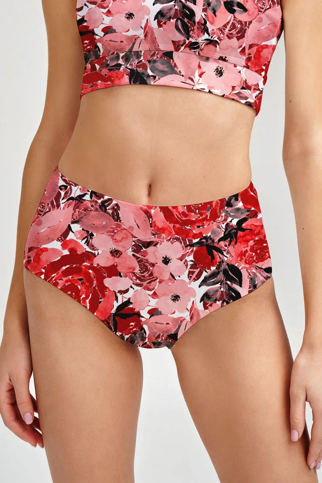 La Fleur Cara Red Floral High-Waist Hipster Bikini Bottom - Women