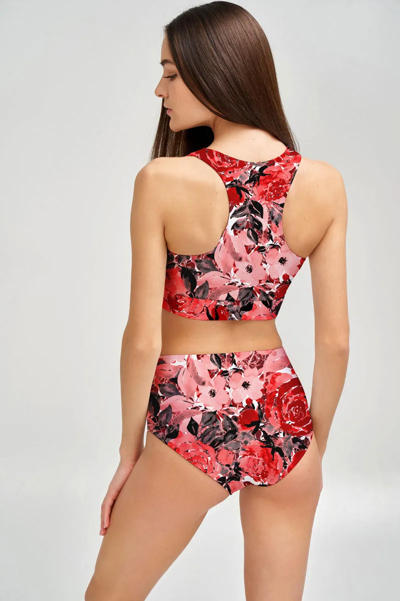 La Fleur Cara Red Floral High-Waist Hipster Bikini Bottom - Women