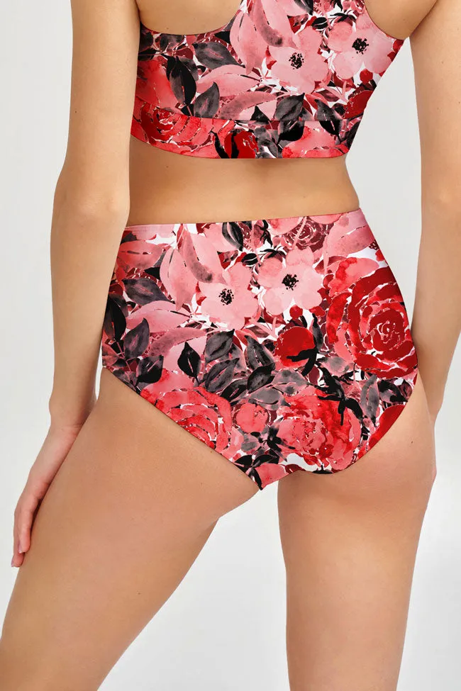 La Fleur Cara Red Floral High-Waist Hipster Bikini Bottom - Women
