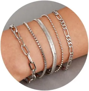 LANE WOODS 14K Gold Plated Bracelets for Women - Dainty Stackable Adjustable Paperclip Cuban Link Chain Jewelry Set, Waterproof Trendy Thin Bracelets, Fashion Gift for Women