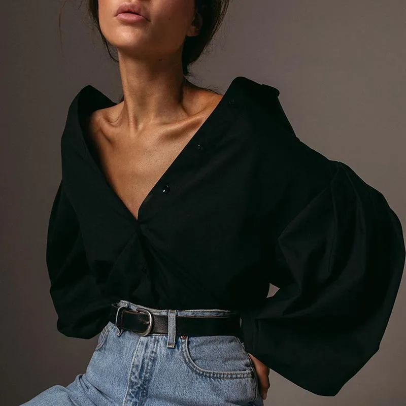 Lantern Sleeve Elegant Shirt White Black Sexy Button Vintage Blouse Turn Down Collar Office Ladies Shirt