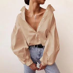 Lantern Sleeve Elegant Shirt White Black Sexy Button Vintage Blouse Turn Down Collar Office Ladies Shirt