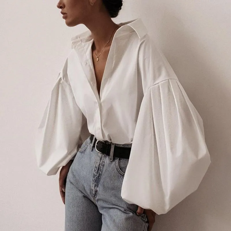 Lantern Sleeve Elegant Shirt White Black Sexy Button Vintage Blouse Turn Down Collar Office Ladies Shirt