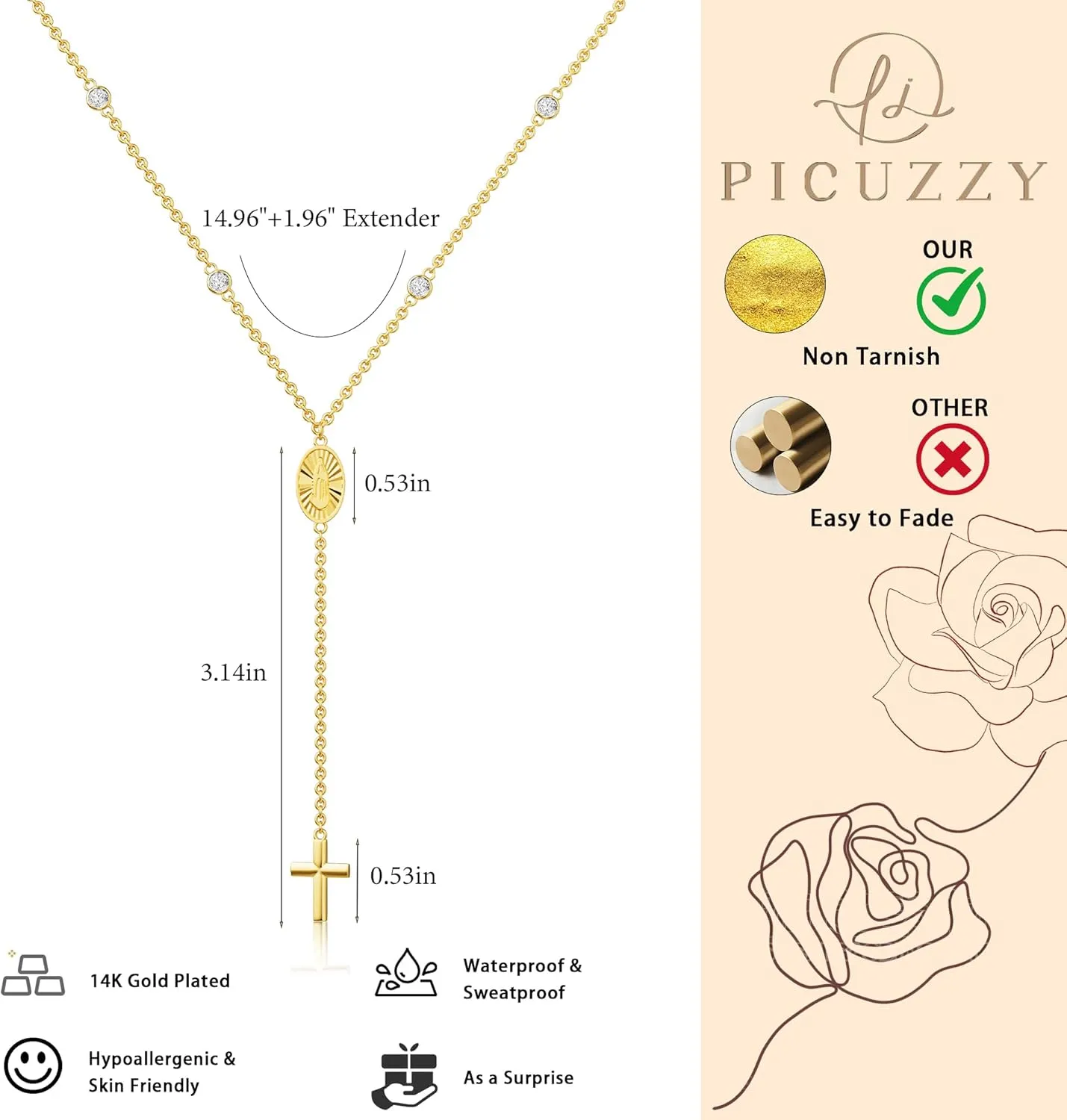 Lariat Gold Necklace for Women, Dainty Long 14K Gold/Silver Plated Cross Chain Necklaces Trendy Non Tarnish Gold Y Shaped Necklaces Romantic Waterproof Valentines Gold Jewelry for Women Gifts