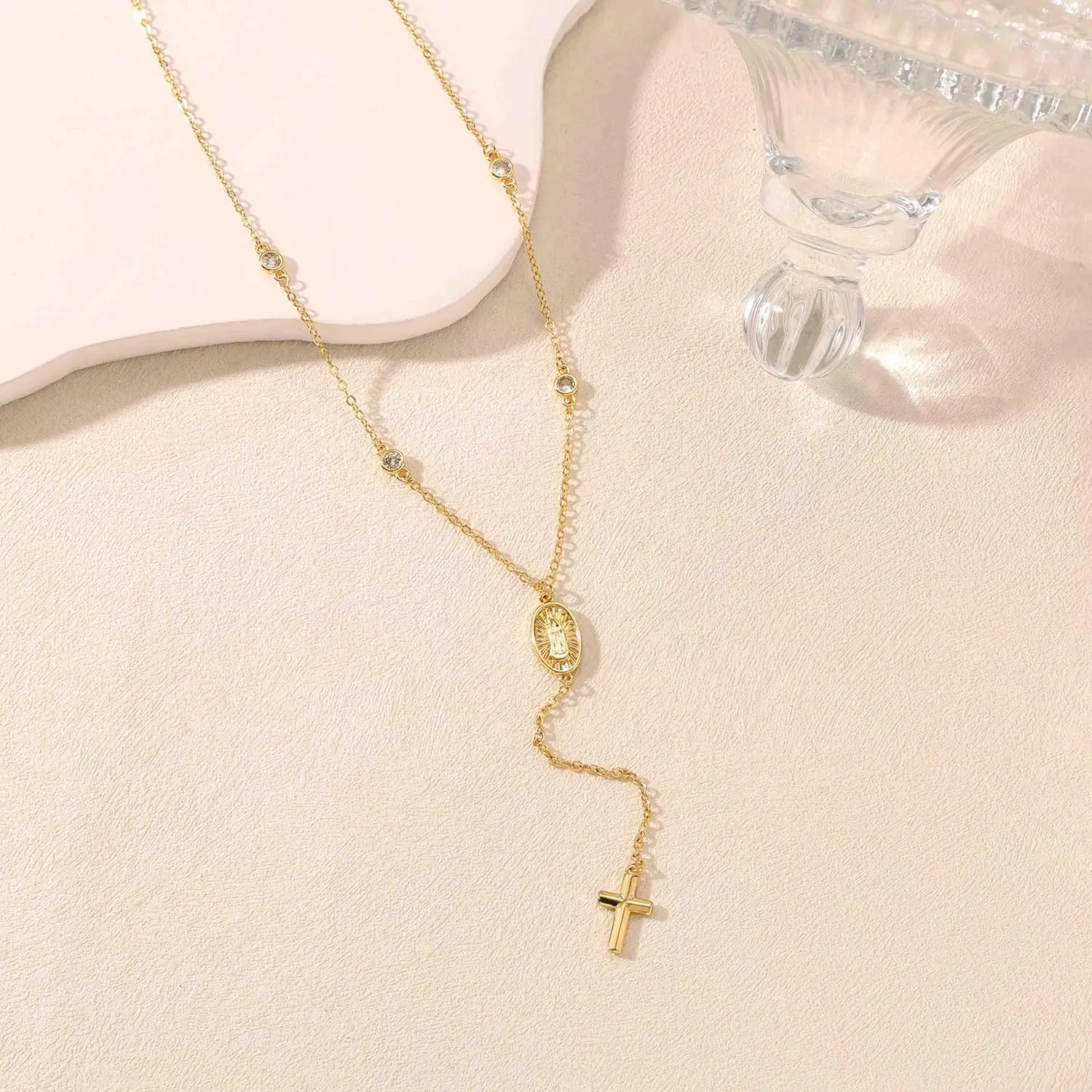 Lariat Gold Necklace for Women, Dainty Long 14K Gold/Silver Plated Cross Chain Necklaces Trendy Non Tarnish Gold Y Shaped Necklaces Romantic Waterproof Valentines Gold Jewelry for Women Gifts