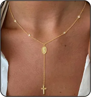 Lariat Gold Necklace for Women, Dainty Long 14K Gold/Silver Plated Cross Chain Necklaces Trendy Non Tarnish Gold Y Shaped Necklaces Romantic Waterproof Valentines Gold Jewelry for Women Gifts