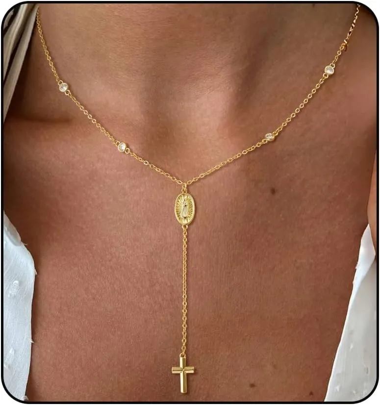 Lariat Gold Necklace for Women, Dainty Long 14K Gold/Silver Plated Cross Chain Necklaces Trendy Non Tarnish Gold Y Shaped Necklaces Romantic Waterproof Valentines Gold Jewelry for Women Gifts