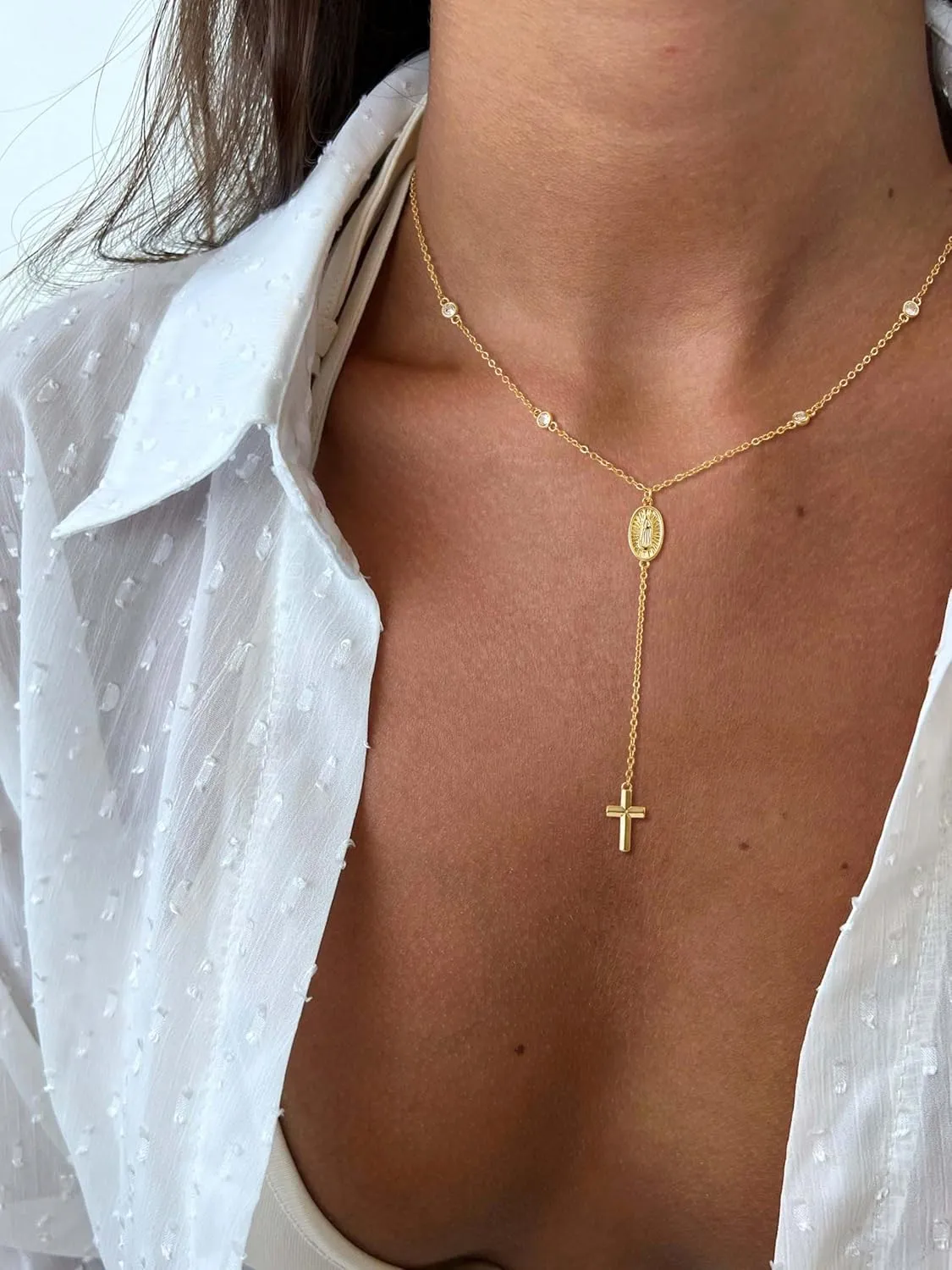 Lariat Gold Necklace for Women, Dainty Long 14K Gold/Silver Plated Cross Chain Necklaces Trendy Non Tarnish Gold Y Shaped Necklaces Romantic Waterproof Valentines Gold Jewelry for Women Gifts
