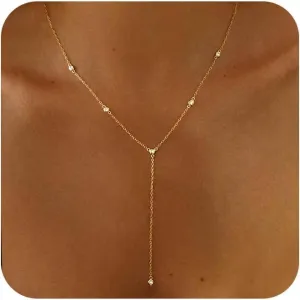 Lariat Necklace for WomenDainty Gold Long Necklaces 14k Gold Plated CZ Lips Bead Y-Shaped Drop Chain Necklace Simple Gold Layered Necklaces for Women Trendy Gold Jewelry Gifts for Women