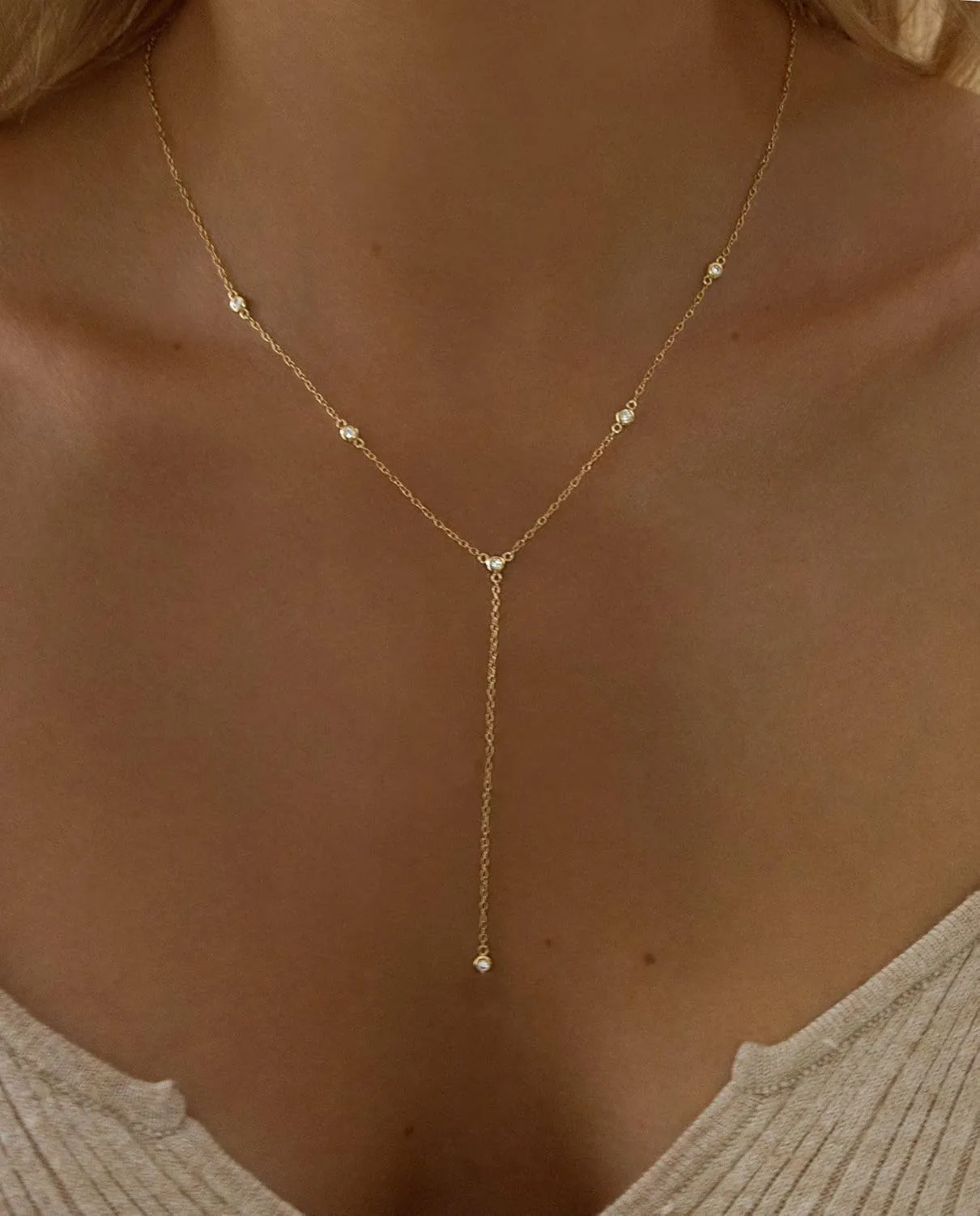 Lariat Necklace for WomenDainty Gold Long Necklaces 14k Gold Plated CZ Lips Bead Y-Shaped Drop Chain Necklace Simple Gold Layered Necklaces for Women Trendy Gold Jewelry Gifts for Women