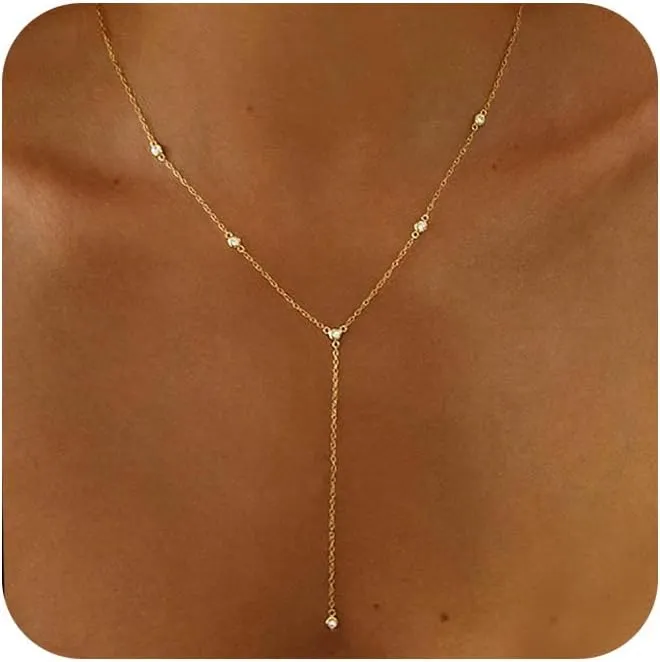Lariat Necklace for WomenDainty Gold Long Necklaces 14k Gold Plated CZ Lips Bead Y-Shaped Drop Chain Necklace Simple Gold Layered Necklaces for Women Trendy Gold Jewelry Gifts for Women