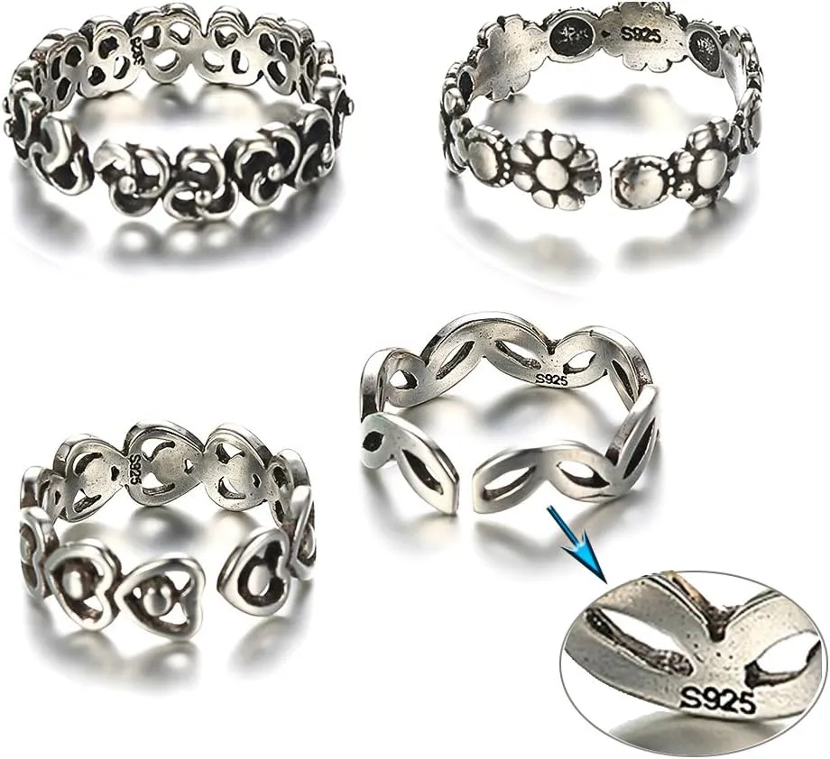 lauhonmin 3pcs S925 Sterling Silver Open Rings Set Finger Ring Joint Ring Toe Ring Beach Jewelry Gifts for Women Adjustable
