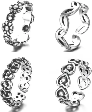 lauhonmin 3pcs S925 Sterling Silver Open Rings Set Finger Ring Joint Ring Toe Ring Beach Jewelry Gifts for Women Adjustable