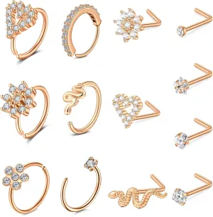LAURITAMI 18g 20g 22g Nose Rings Surgical Steel Nose Ring Nose Rings Hoops Studs Diamond Nose Nostril Piercing Jewelry for Women Men Silver Black Gold Rose Gold