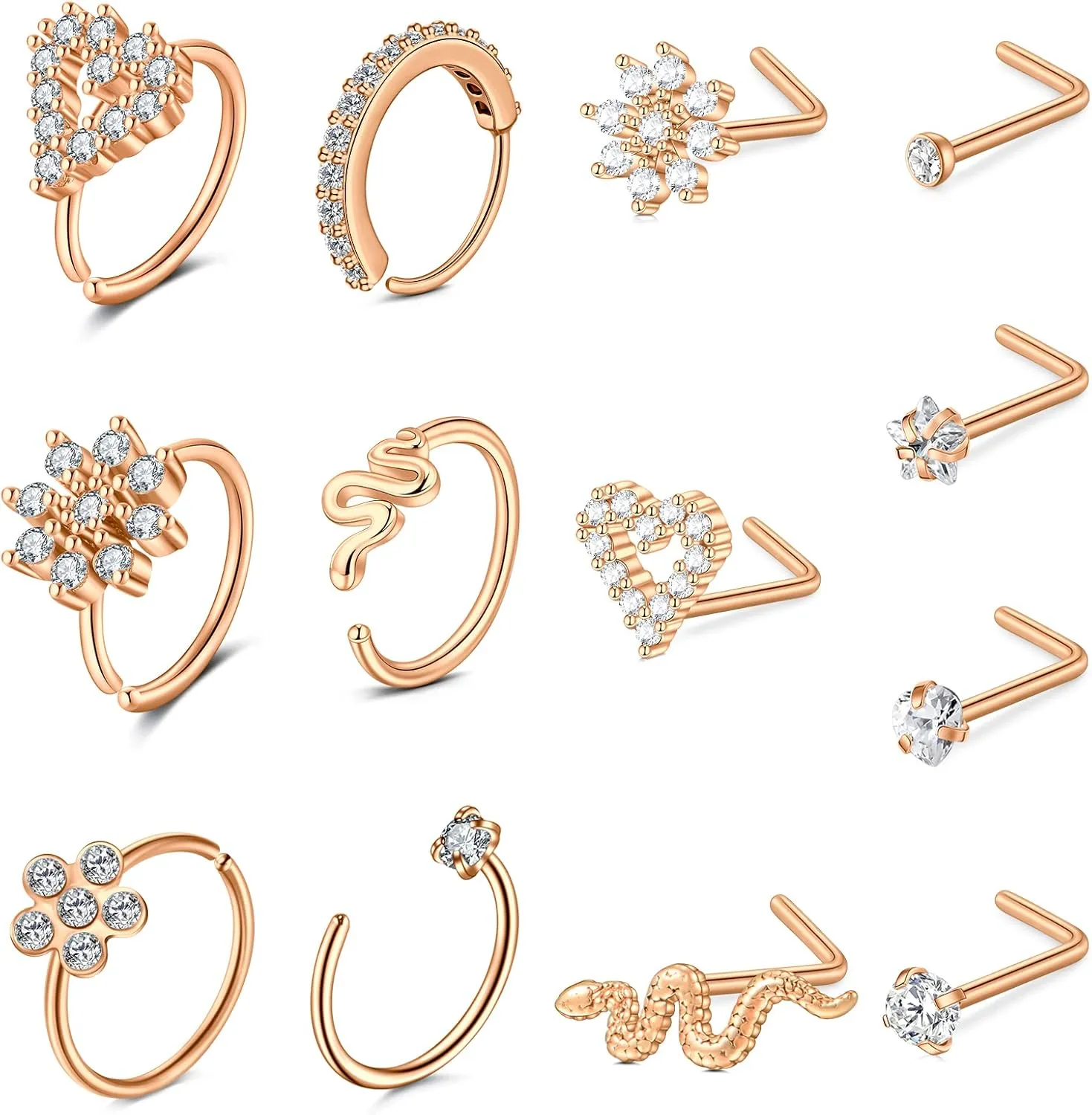 LAURITAMI 18g 20g 22g Nose Rings Surgical Steel Nose Ring Nose Rings Hoops Studs Diamond Nose Nostril Piercing Jewelry for Women Men Silver Black Gold Rose Gold