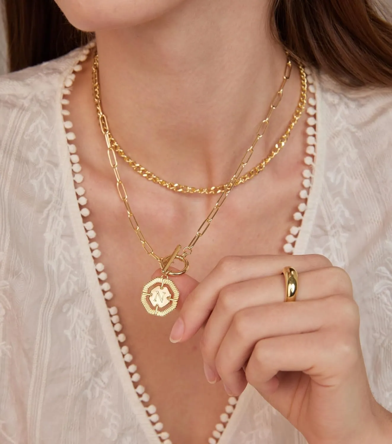 Layered Initial Necklaces for Women 14K Gold Plated Stackable Chunky Cuban Chain Choker Necklace Coin Letter Pendant Necklace Personalized Name Necklaces for Women Trendy Gold Jewelry Gift for Her
